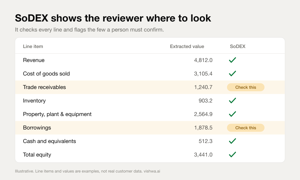 SoDEX shows the reviewer where to look: it checks every line and flags the few a person must confirm.